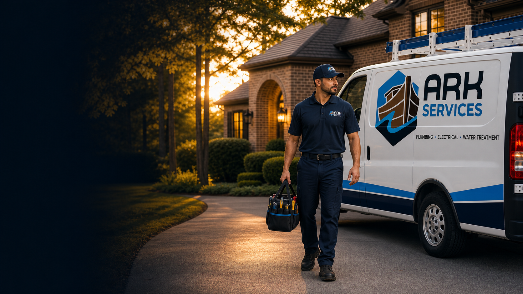 Ark Services technician and branded service van at a Georgia home